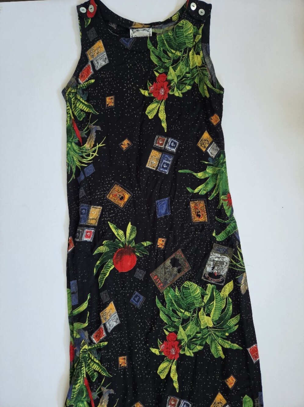 VTG Dressing Clio tropical vacation postcard novelty print maxi dress Made USA M